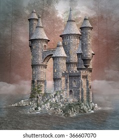 Enchanted fantasy castle in a hazy lake