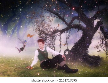 Enchanted forest and 3d fairy or elf man, fantasy illustration, photomanipulation.