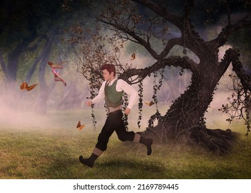 Enchanted forest and 3d fairy or elf man, fantasy illustration, photomanipulation.