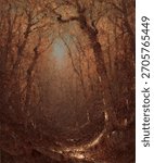 Enchanted forest with dense trees, forest path, and mystical light. Forest scene with trees and magical light. Enchanted and mystical. Vintage landscape artwork, old landscape painting illustration.