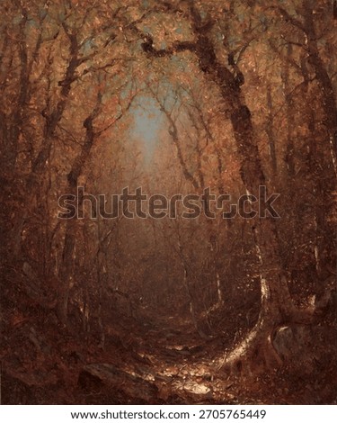 Enchanted forest with dense trees, forest path, and mystical light. Forest scene with trees and magical light. Enchanted and mystical. Vintage landscape artwork, old landscape painting illustration.