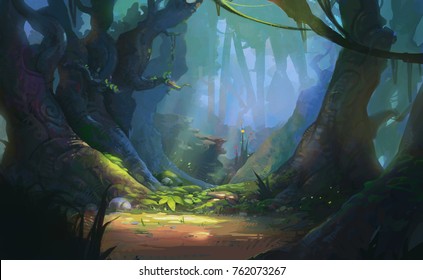 Enchanted Forest Game Background Illustration, Realistic Style Concept