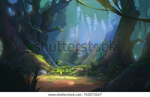 魔法をかけられた森のゲーム背景イラスト リアルなスタイルのコンセプト のイラスト素材