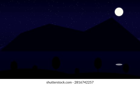 Enchanted Forest Nightscape: Tranquil Mountains and Reflective Lake Under a Serene Moon