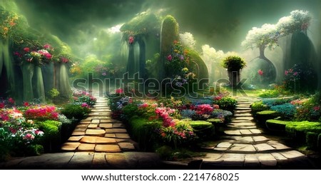 Enchanted garden with two paths to good and evil. Fairy tale landscape, elves and mythological beings.