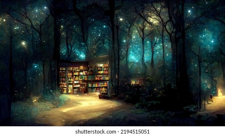 Enchanted Library In A Night Time Forest