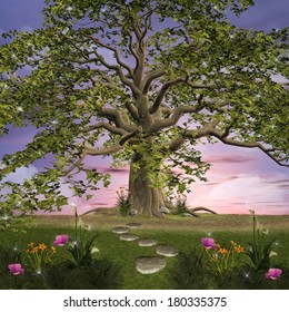 Enchanted nature series - Garden with an old tree and flowers