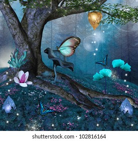 Enchanted tree in the middle of the blue forest