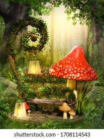 Enchanting fairy lounge bench in a deep magical forest illuminated by lanterns, 3d render.