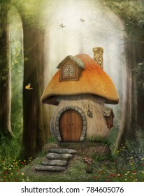 Enchanting fairy tale mushroom house in a magical forest, 3D render illustration