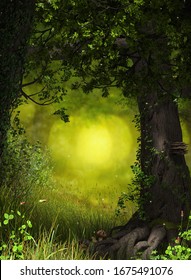 Enchanting fantasy fairy tale forest background for your artistic creations, 3d render painting.