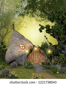 An enchanting magical fairy shell home, hidden in a deep forest, 3d render illustration