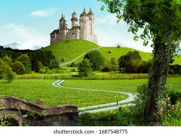 Enchanting old fairytale castle on a top of a hill, in an idyllic landscape, 3d render.
