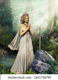 The Enchantress Lady Of The Lake Is Praying To The Sword Excalibur, Illustration Inspired By The Legend Of King Arthur, 3d Render.