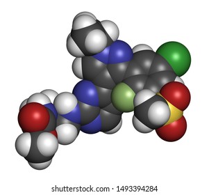 Encorafenib Melanoma Drug Molecule. 3D Rendering. Atoms Are Represented As Spheres With Conventional Color Coding: Hydrogen (white), Carbon (grey), Nitrogen (blue), Etc