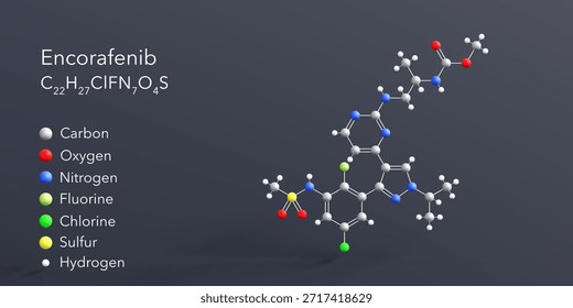 encorafenib molecule 3d rendering, flat molecular structure with chemical formula and atoms color coding
