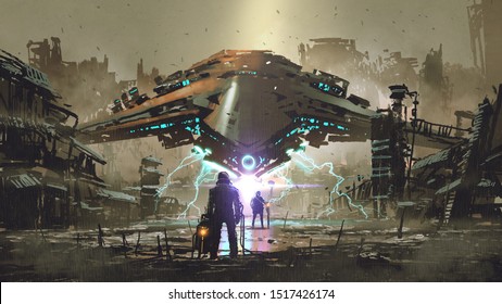 the encounter between two futuristic humans with the spaceship in the background against an abandoned earth, digital art style, illustration painting