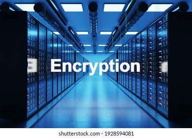 encryption logo in large modern data center with rows of network internet server racks, 3D Illustration