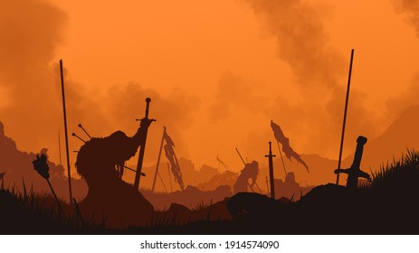 End of the battle. The fallen warrior holds a sword in his hand. A bloody sunset is behind him. The weapon is stuck in the ground. Smoke rises into the sky. 2D illustration.