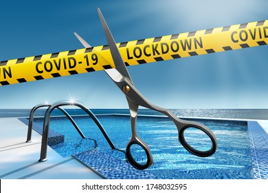 The End Of The Covid 19 Pandemic.  Resort Opening After Lockdown. Scissors Cut Yellow Ribbons With Text Covid-19 LOCKDOWN. 3d Render