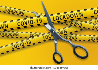 The End Of The Covid 19 Pandemic. Scissors Cut Yellow Ribbons With Text Covid-19 LOCKDOWN. 2d Illustration