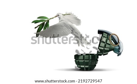 End the war concept as a grenade weapon and flowers as a symbol for peace and hope as an unexploded bomb or disarmed explosive device with 3D illustration elements.