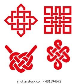 Endless Auspicious Knot Set. China,Tibet, Eternal , Buddhism And Spirituality Icon,symbol.Red Sign.Feng  Shui Traditional Element,geometric Ornament.For Your Logo, Design Or Project .Illustration