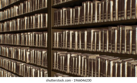 Endless Bookshelf Of Wall Of Books In Old Antique Brown Library Aisle 3D Rendering - Abstract Background Texture