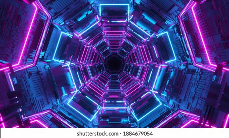 Endless Corridor Of The Future. Spaceship. Neon Lighting. Flying In The Tunnel. 3d Illustration