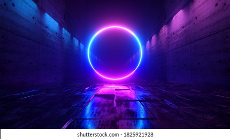 Endless flight in a futuristic dark corridor with neon lighting. A bright neon circle in front. 3d illustration