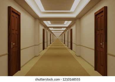 Endless Hotel Corridor With Doors 3d Illustration