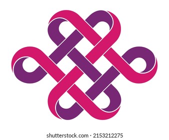 Endless knot made of intertwined color mobius stripes. Traditional buddhist symbol for tattoo design. 3d illustration isolated on white background.