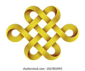 Endless knot made of intertwined gold mobius stripes. Traditional buddhist symbol. 3d illustration isolated on white background.