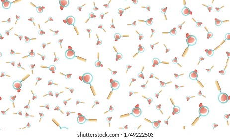 Endless Seamless Pattern Of Beautiful Festive Love Joyful Tender Hearts With Magnifying Glasses For Searching On A White Background. Illustration.