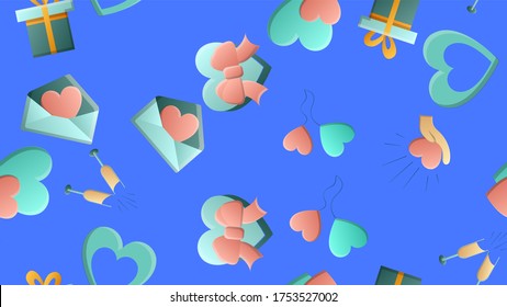 Endless Seamless Pattern Of Beautiful Festive Love Joyful Tender Sets Of Heart Items With Magnifying Glasses Houses Arrows And Letters On A Blue Background. Illustration.