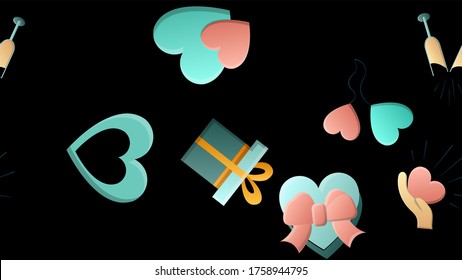 Endless Seamless Pattern Of Beautiful Festive Love Joyful Tender Sets Of Hearts With Magnifying Glasses Houses Arrows And Letters On A Black Background. Illustration.