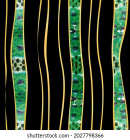 Endless Squama Pattern. Tie Dye Water world Batik. Flowing Golden Lines. Brutal Snake skin. Gouache Ethnic Ornament. Ethnic Seamless Print. Gold Chains on Black.