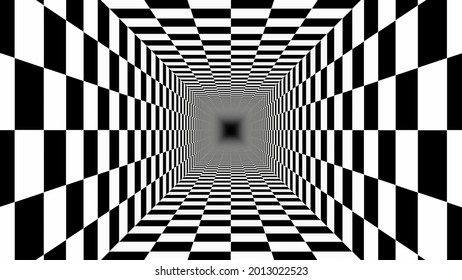 Endless Tunnel Checkerboard Pattern Black White Perspective Illusion 3D Rendering - Abstract Background Texture