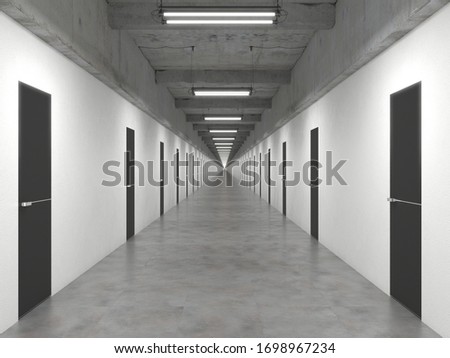 An endlessly long corridor with many closed identical doors in a row. The corridor without beginning and end. Interior in loft style. Creative concept. 3D rendering illustration