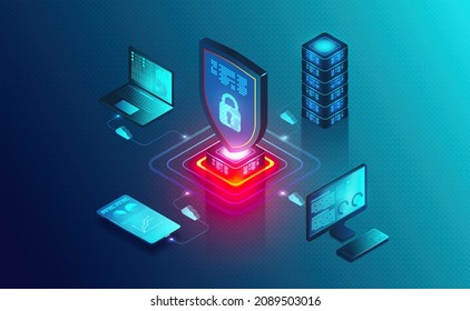 Endpoint Security - Endpoint Protection Concept - Multiple Devices Secured Within A Network (Security Cloud) - Cloud-based Cybersecurity Software Solutions - 3D Illustration
