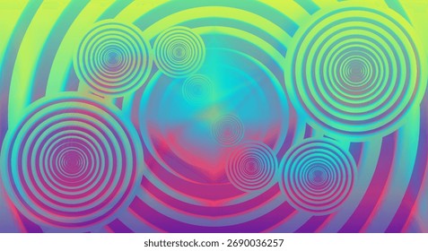 An energetic abstract composition with multiple concentric circles radiating outwards, set against a vibrant rainbow gradient background. The effect is hypnotic and visually stimulating.
