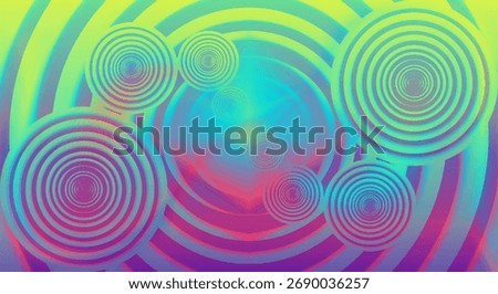 An energetic abstract composition with multiple concentric circles radiating outwards, set against a vibrant rainbow gradient background. The effect is hypnotic and visually stimulating.