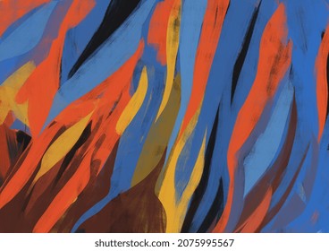 Energetic Fire Painting Grafftiti With Blue Orange And Yellow, Art, Grunge Art And Graffitti Painting. Artistic Acrylic Painting With Bright Color. Concept For Poster