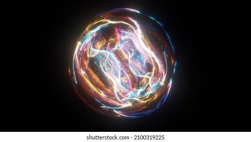 Energetic Glowing Orb, Abstract Background. Light Sphere. Atoms And Electrons. Sparking Particle. Streaks Colorful Ellipse. Glint Sphere. Energy Ball. Physics Concept. 3D Rendering