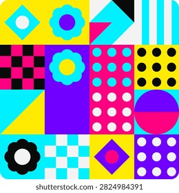 An energetic and playful vector pattern design showcasing a variety of geometric forms intermingled with stylized floral shapes and bold color blocks.