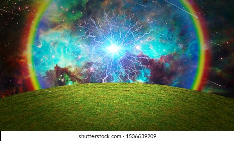 Energy Burst Over Green Field. Vivid Galaxy. 3D Rendering