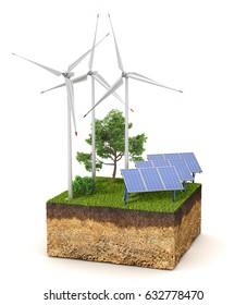 Energy Concept. Cross Section Of Ground With A Wind Electric Station And Solar Panels. 3d Illustration