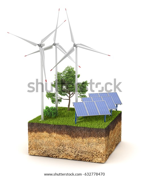 エネルギーのコンセプト 風力発電所とソーラーパネルと地盤の断面 3dイラスト のイラスト素材
