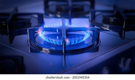 Energy Crisis: Natural Gas Prices In Europe Hit Record. Natural Gas Cooker Burning Flames Of Methane Gas. Domestic Kitchen Stove Closeup 3D Shot Of Blue Fire. Fuel Economy, EU Industrial Energy Crunch