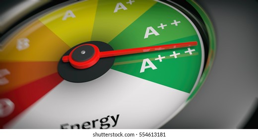 Energy Efficiency As Car Speedometer Close Up. 3d Illustration